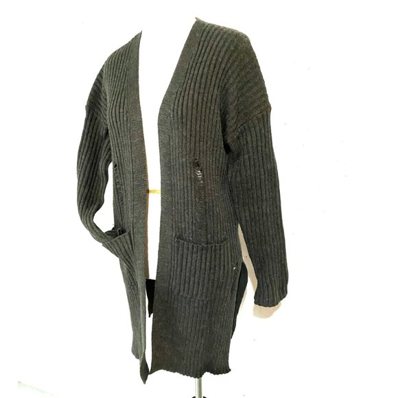 Sadie & Sage, EUC, Distressed Sweater, Open Front,  Charcoal Gray Cardigan, Med - Picture 6 of 14